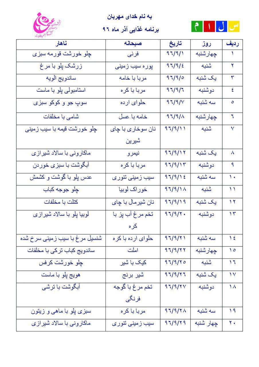 برنامه غذایی آذر 96